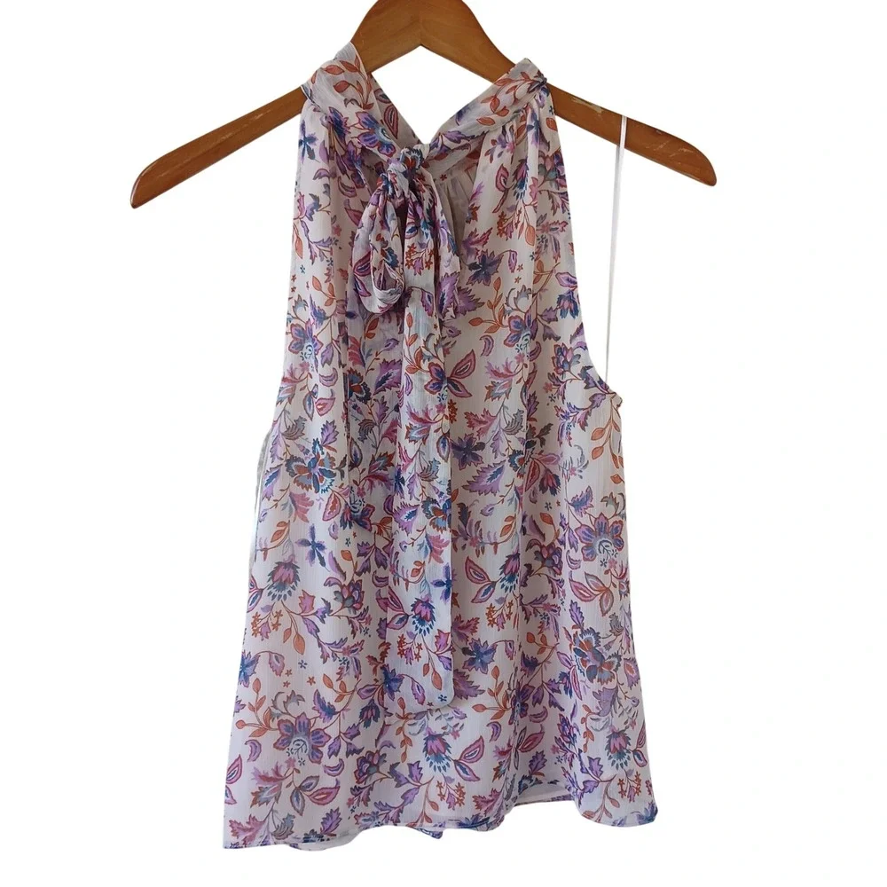 1.STATE Womens Floral Paisley Halter Tie Neck Blouse Cream Purple Blue Small NWT - Picture 5 of 10
